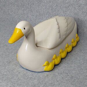 Vintage 1985 Ceramic Duck & Ducklings Candy Treat Dish with Lid  Hand Painted
